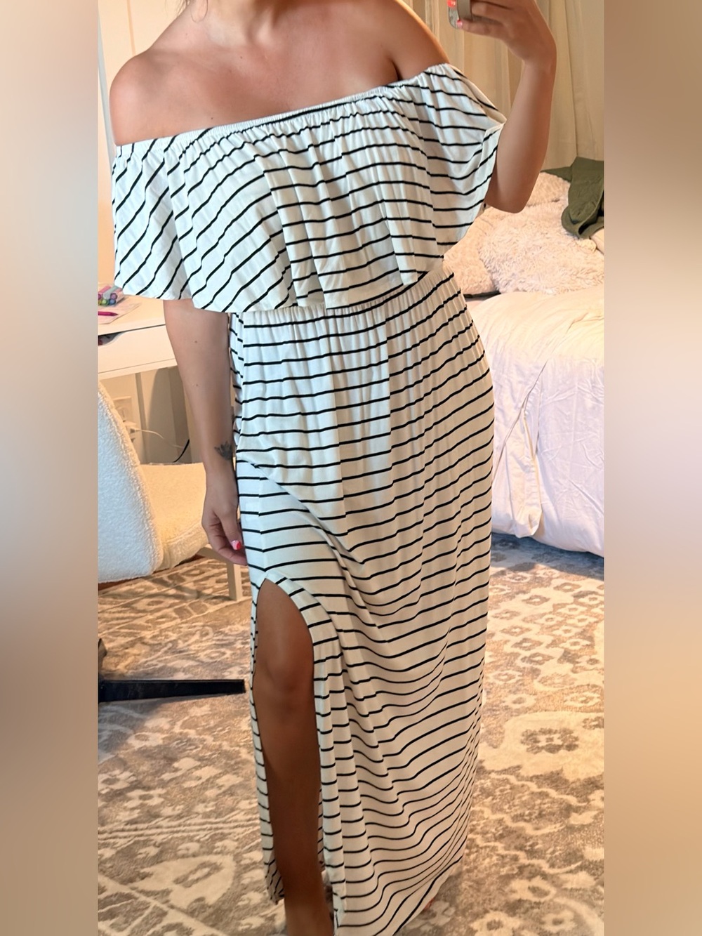Sweet Love Cream and Black Striped Off-Shoulder Dress